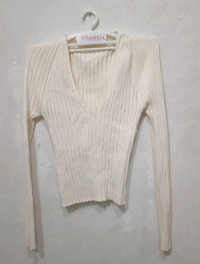 Off White V Neck Woolen Top