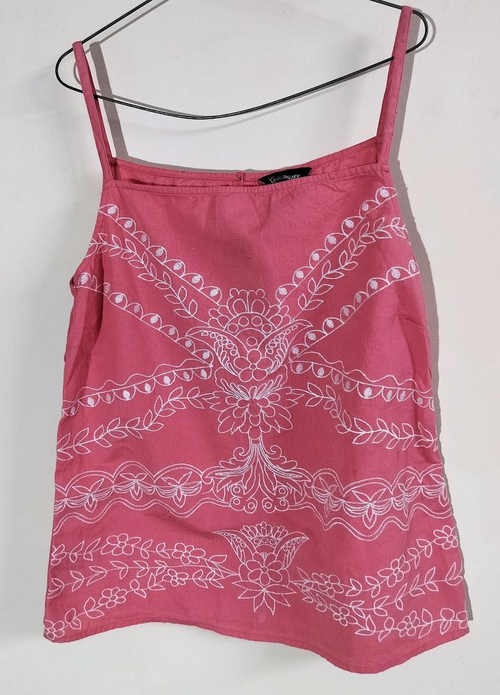 Embroidered Pink Sleeveless Top