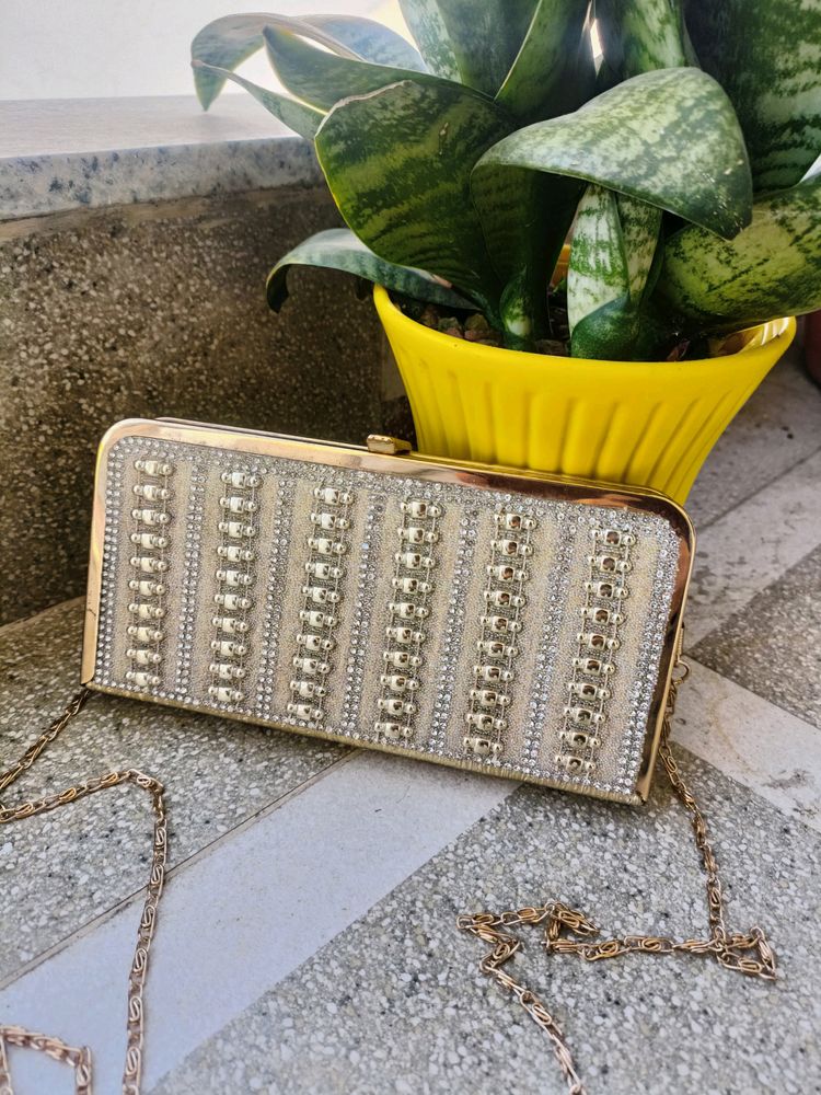 Golden Embellished Clutch With Detachable Sling