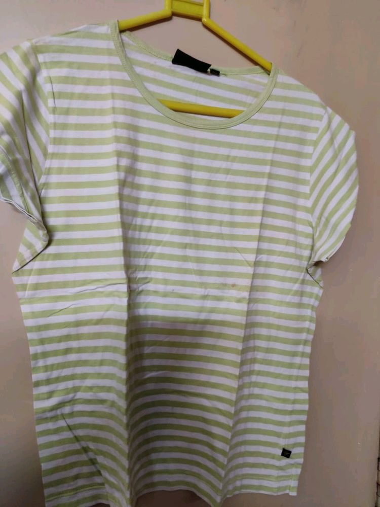 White With Green Stripes Women Tshirt