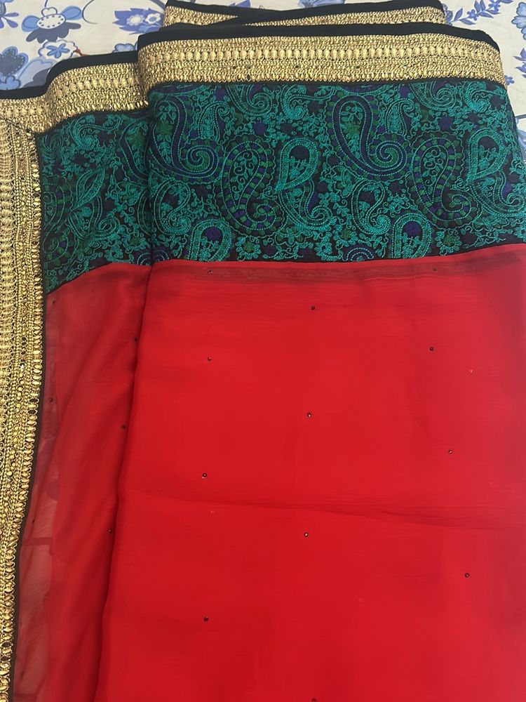 Red Colour Saree With Embroidered Border