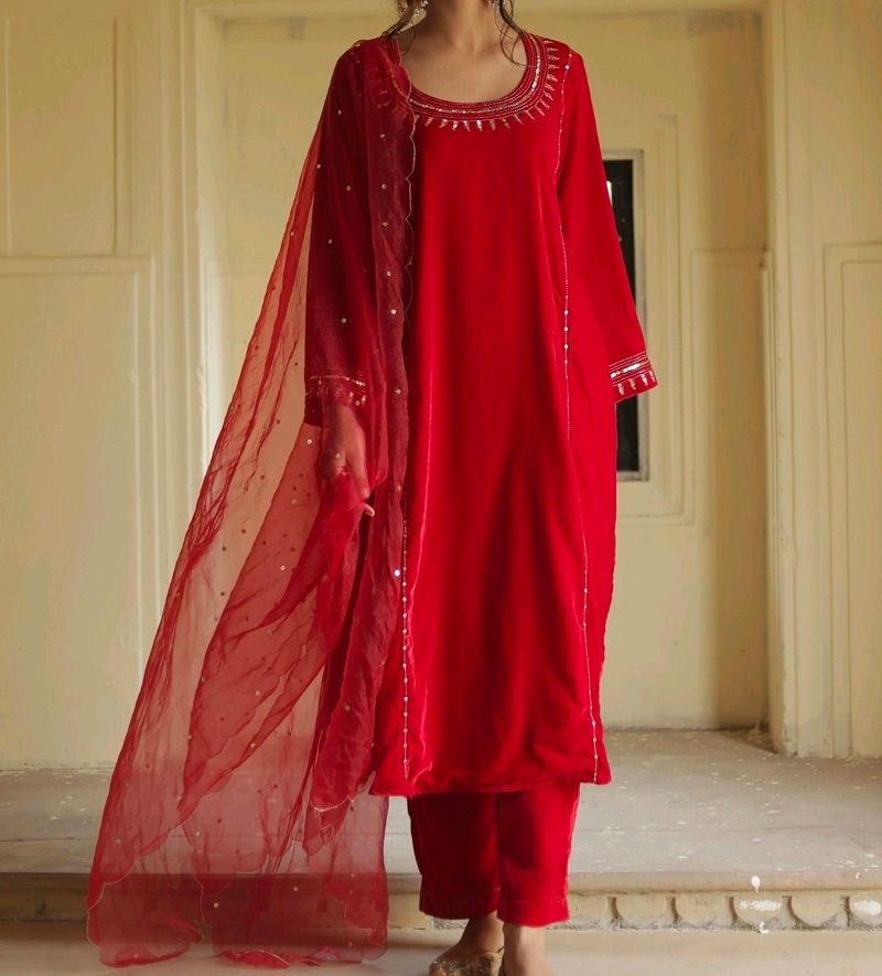 Velvet Red Straight Kurta Set