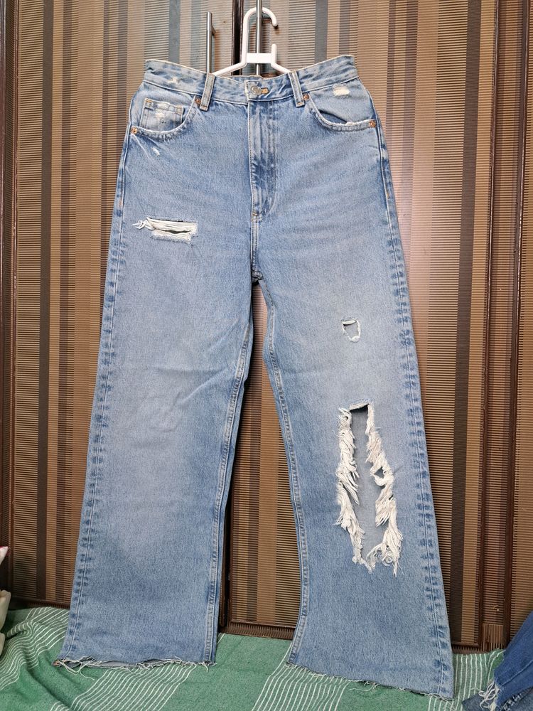 Zara Distressed Wide Leg Denim Jeans