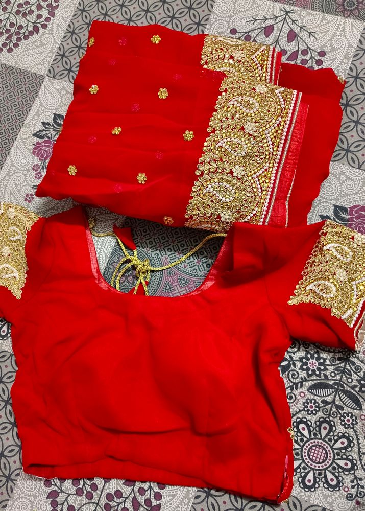 Hot Red Colour Saree With Blouse