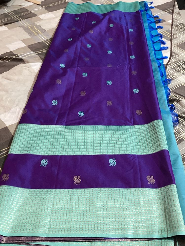 New Brinjal Violet N Ice Blue Semi Kanchi Silk