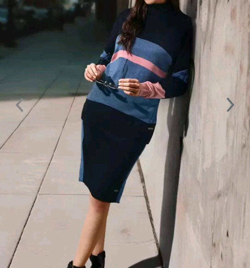 Navy Blue Sweater and Skirt with Side Stripe