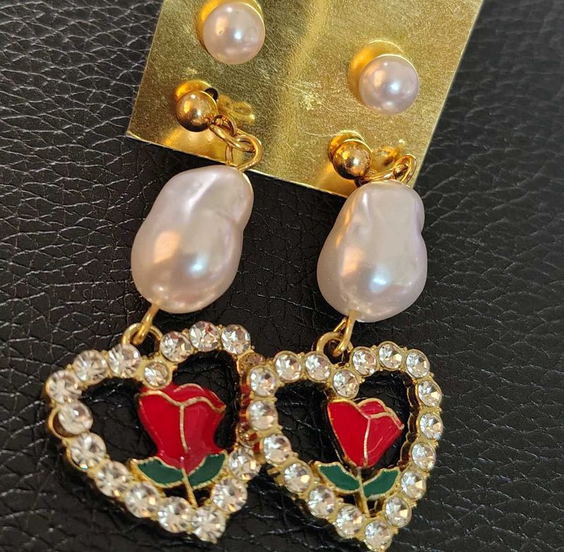 Rose Earrings Along With Pearl Studs