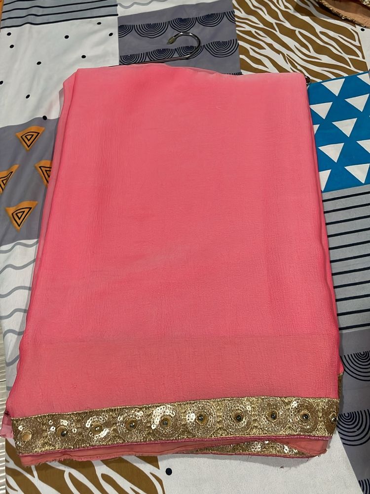 Rose Pink Saree With Golden Blouse Bead Work