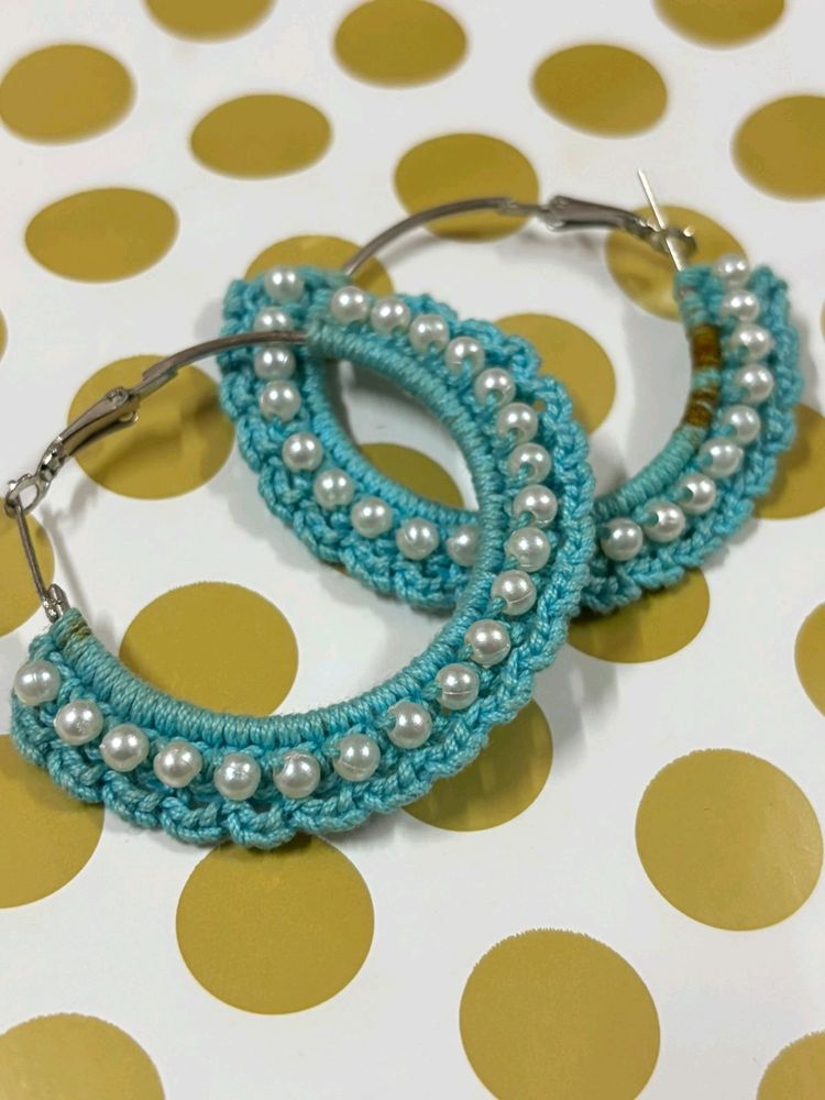 Handmade Blue Crochet Hoop Earrings