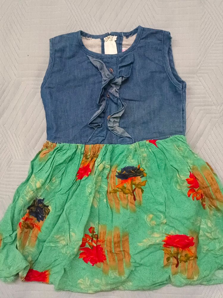 Denim and Floral Printed Frock