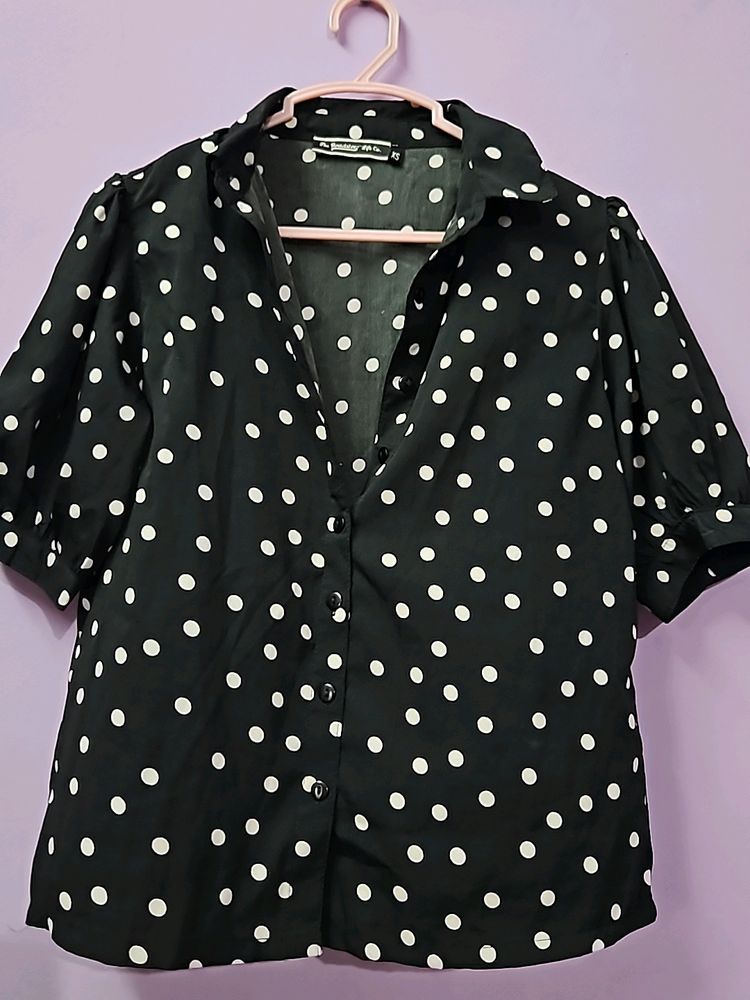 Black And White Polka Dot Print Casual Shirt