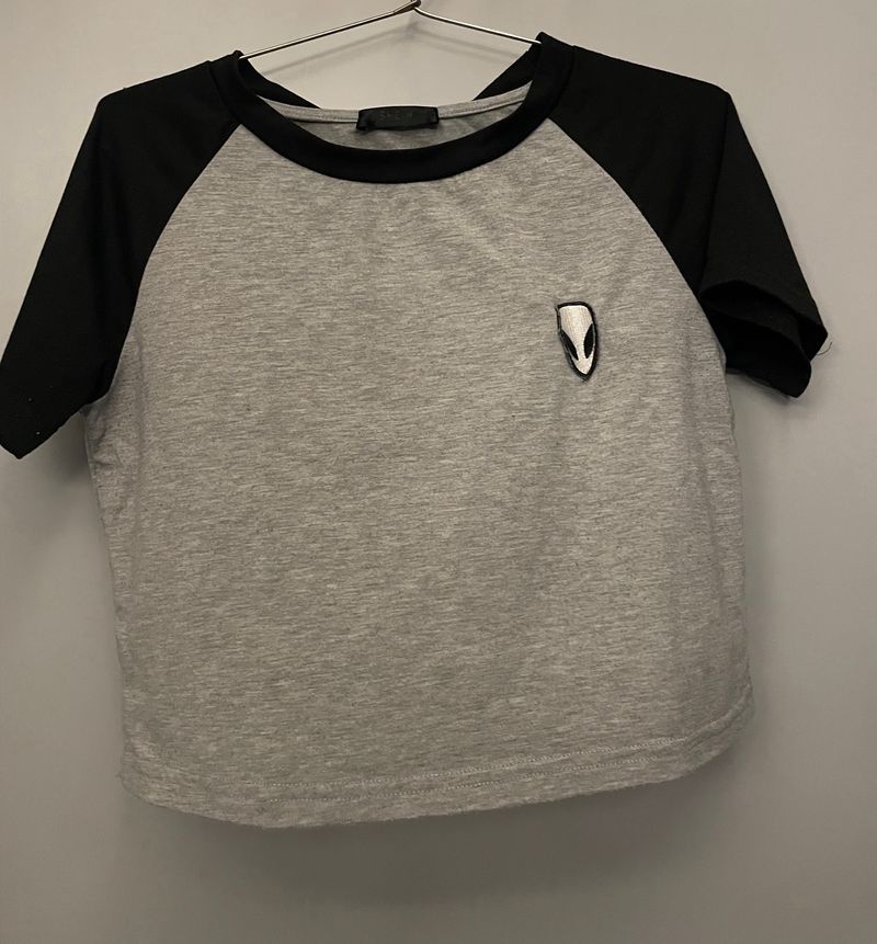 Shein Grey Crop Top - Alien Embroided