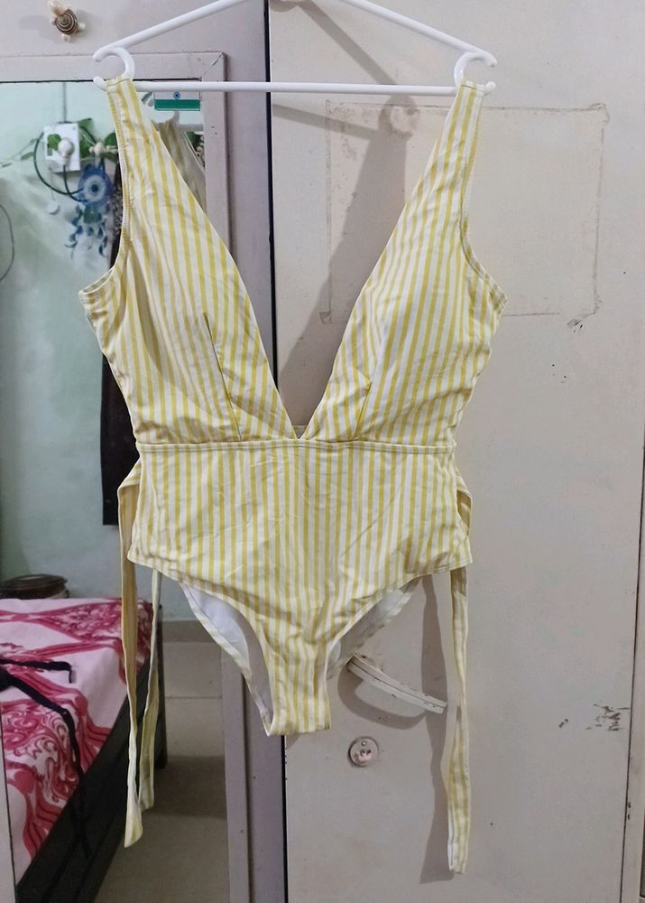 Yellow Stripe Deep Neck Monokini