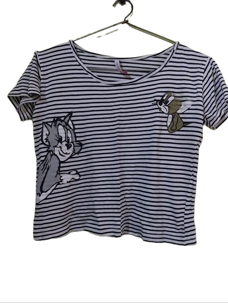 Striped Tom And Jerry Casual Crop Top