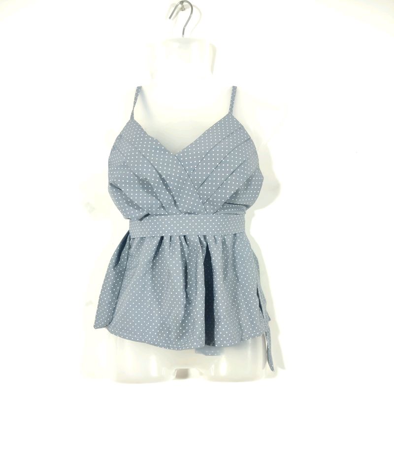 Grey Polka Dot Pleated V Neck Strap Tops(Women's)