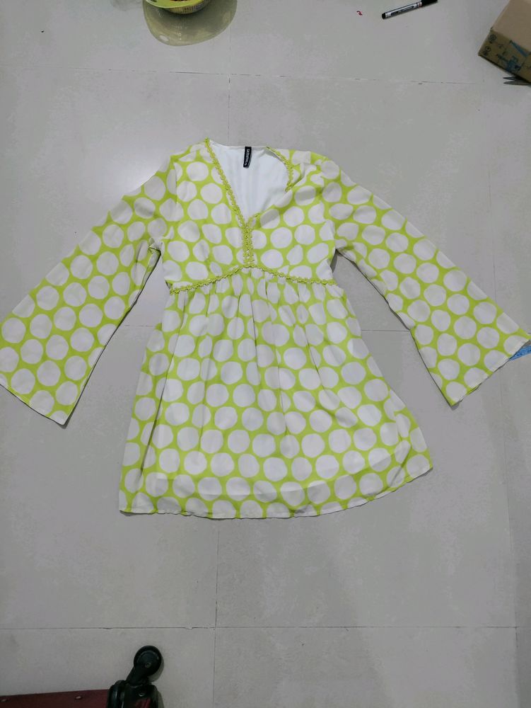 Green Polka Dot Print A- Line Dress