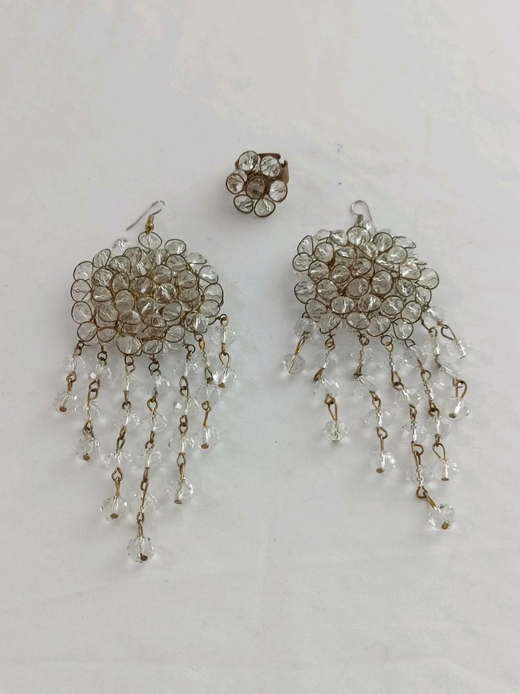 Transparent Beads Earrings With Finger Ring(Women)