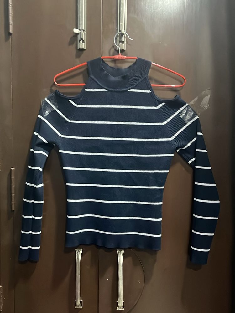 navy blue striped shoulder cut sweater