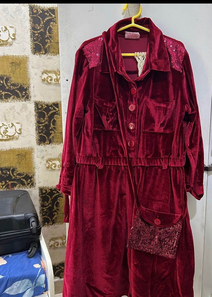 Maroon Velvet Party Wear New Dress With Bag