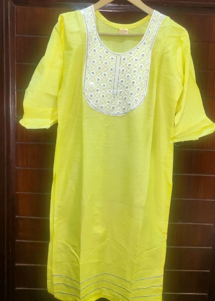 Yellow Kurti with Chikankari neck detailing