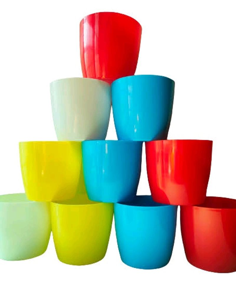 SET OF 10 MULTI-COLOURED PLASTIC POTS for indoor plants (4.3inch)