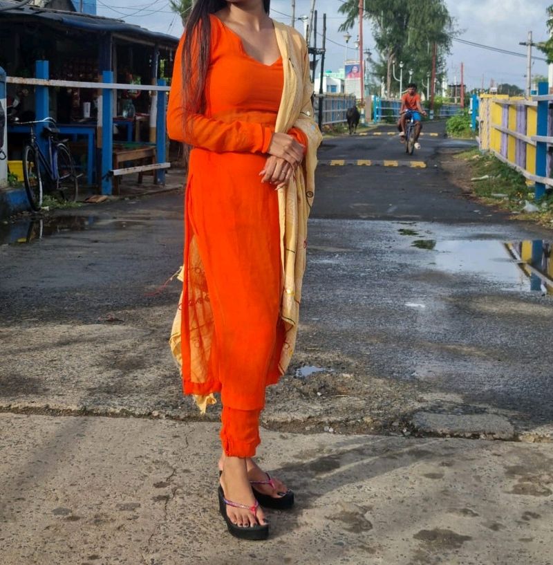 Orange Plain Georgette Suit.