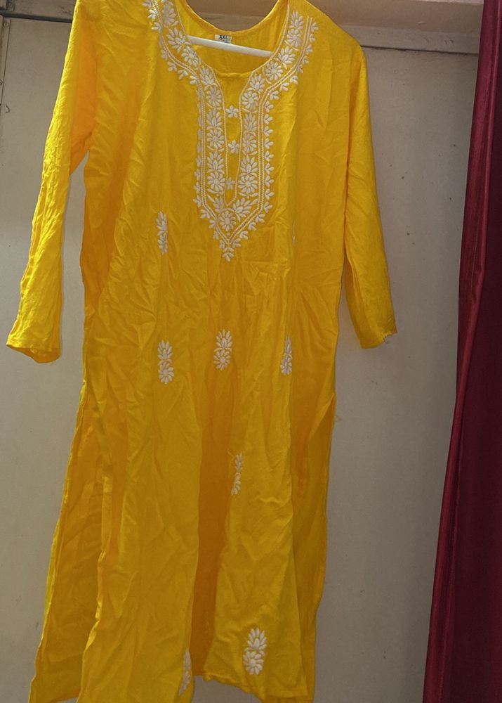 BeautifulWhite Embroidery Yellow Knee Length Kurti