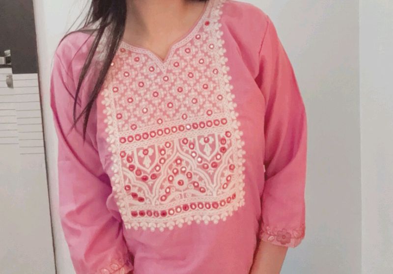 Pink Kurti With White Embroidery