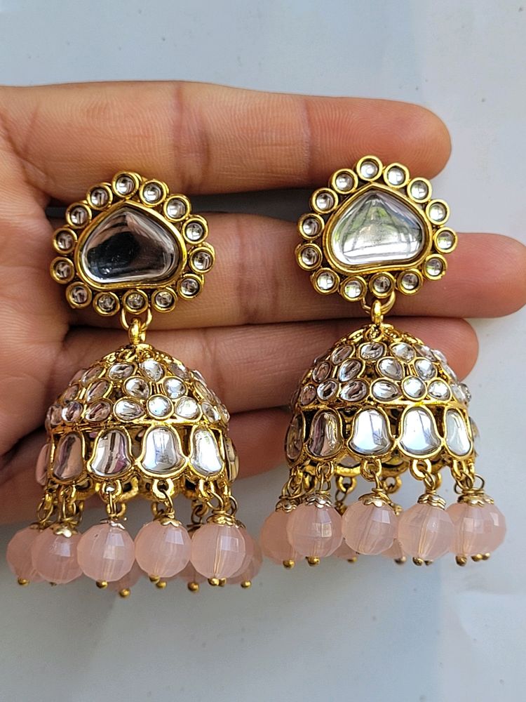 Peach Kundan Jhumka Set