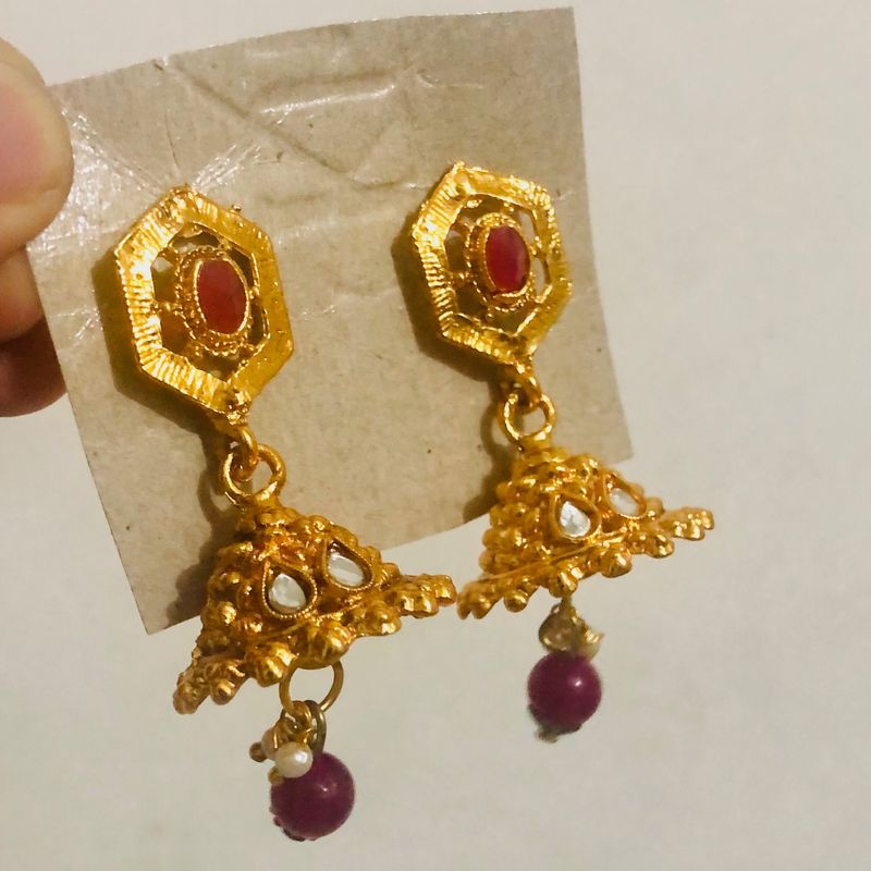 New Ruby Polka Drop Golden Earrings