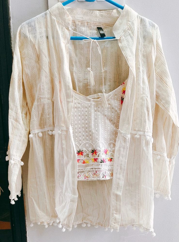 Ethnic Cream White Shrug With Crop Top