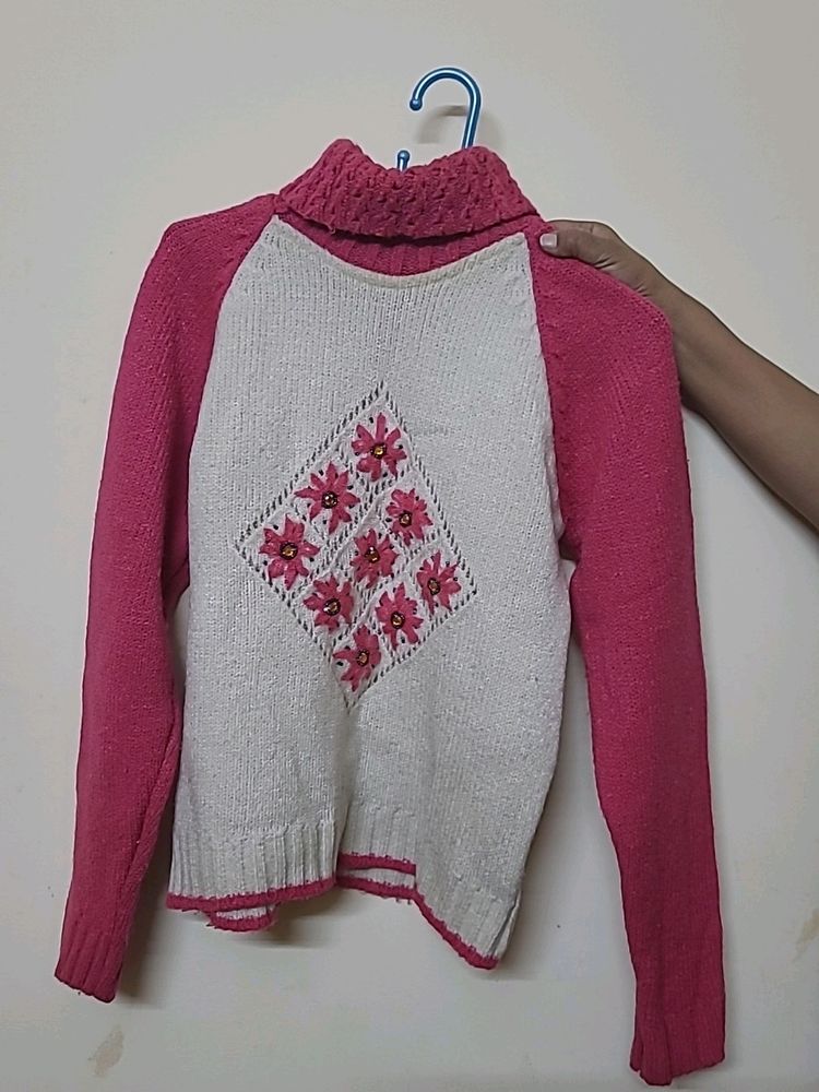 Pink And White Embellished Girls Highneck Sweater