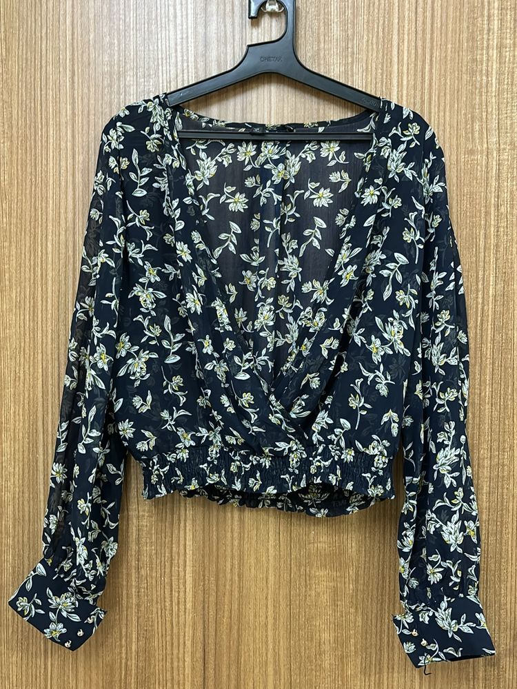 Floral Dark Blue Smocking Crop Top