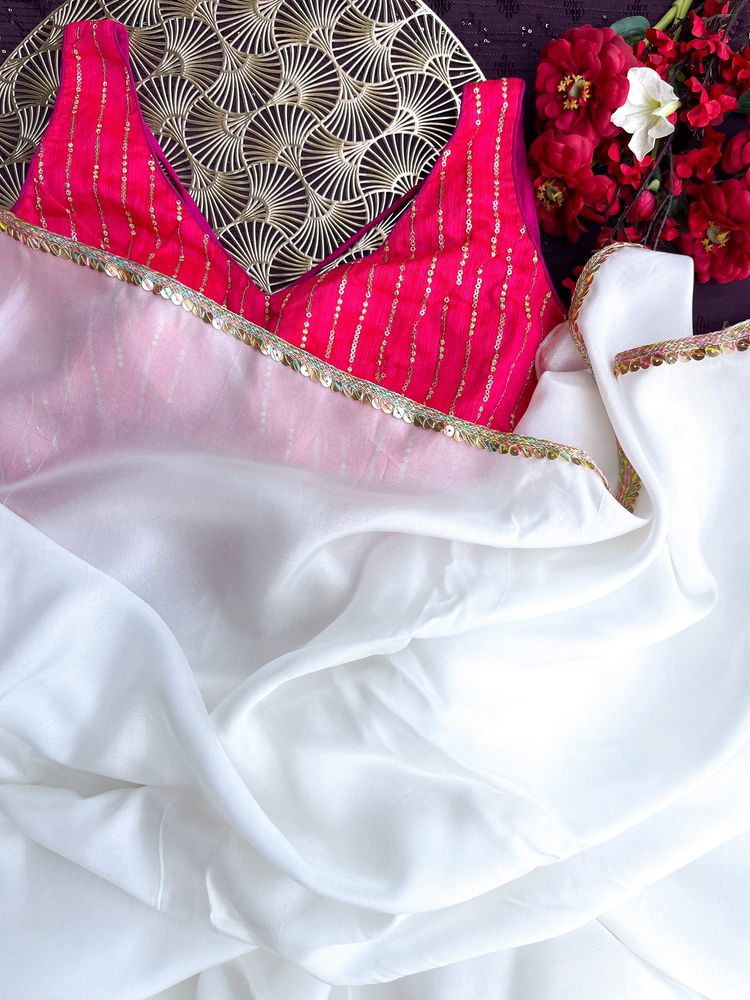 White Upadda Silk Saree With Readmade Pink Blouse