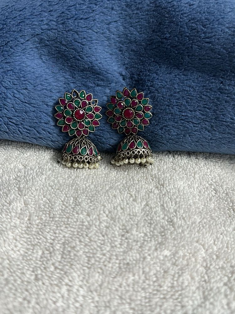 Oxidised Silver Earrings With Pink And Green Stone