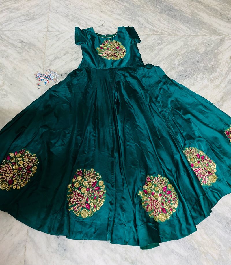 Satin Green  Long Frock With Dupatta