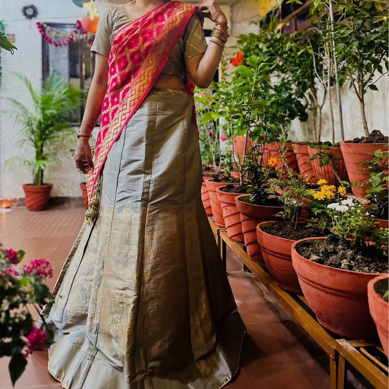 Banarasi Silk Grey Pink Lehenga