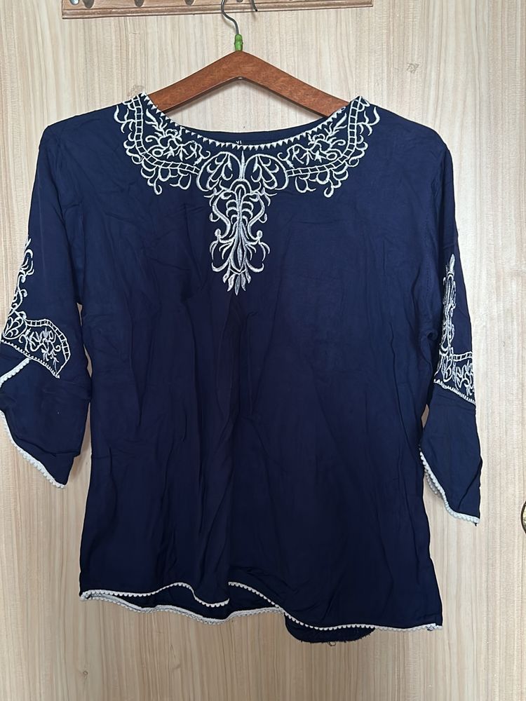 Navy Blue Embroidered Top