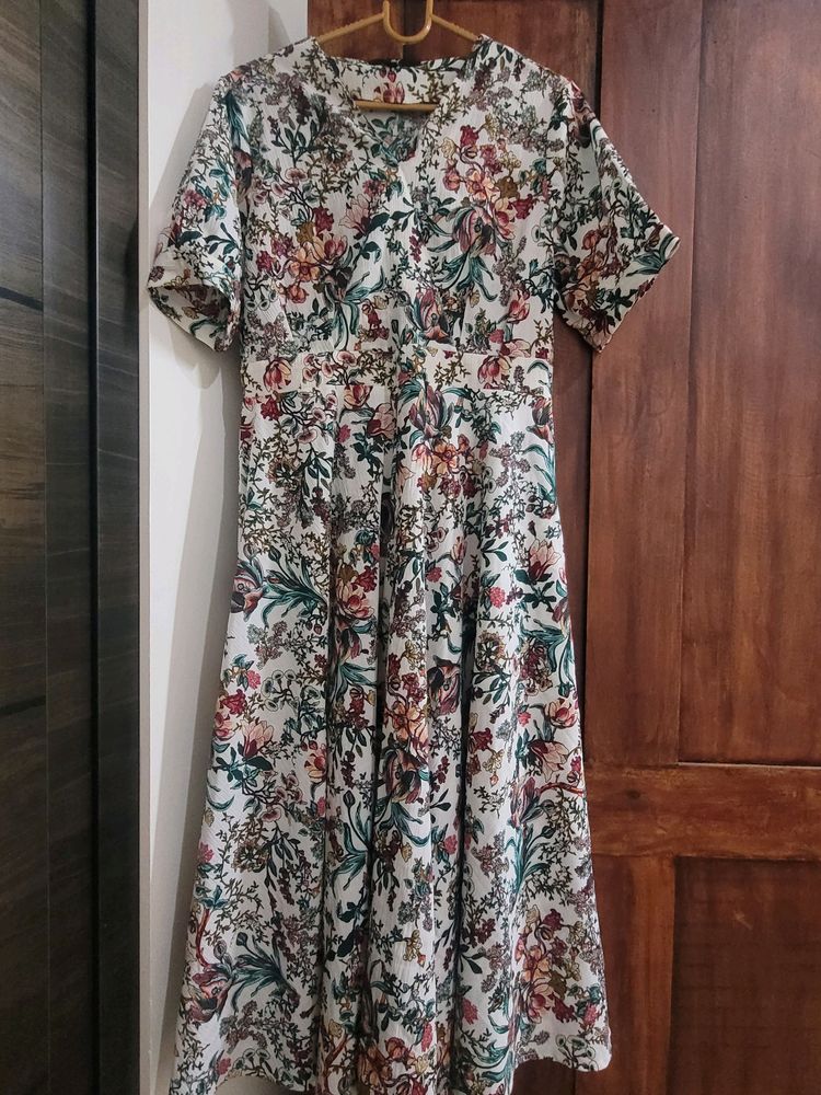 A-Line Floral Dress V Neck