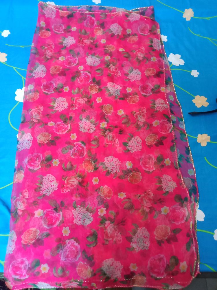 Pink Floral Organza Dupatta.