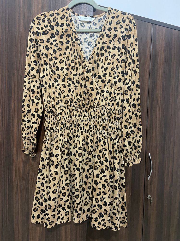 Beige & Black Animal Print Wrap Dress