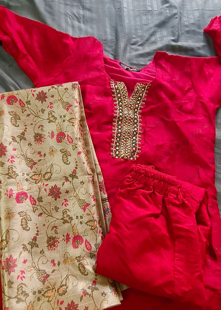 Red Handwork Kurthi Set