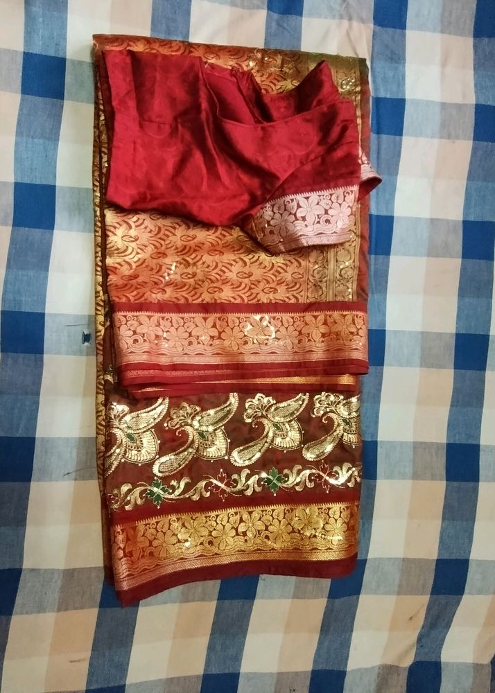 Greenish Maroon Grand Silk Saree With Blouse