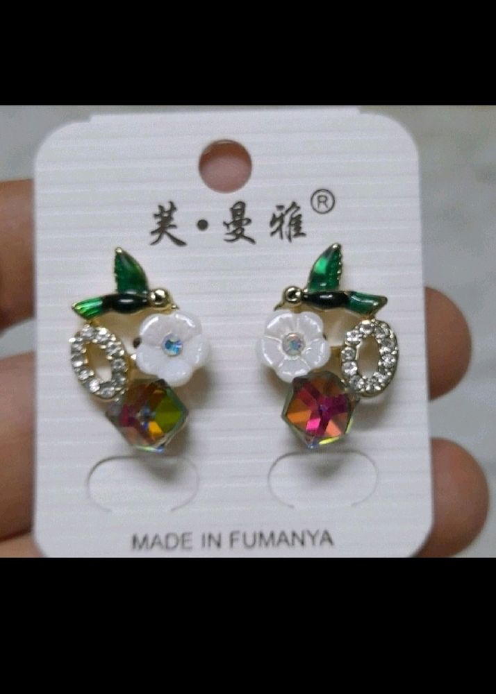 Flower and Green Bird Earrings