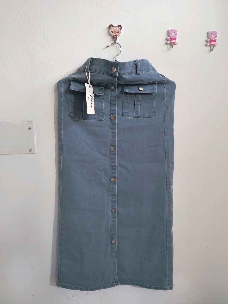 Blue Denim A-line Long Skirt