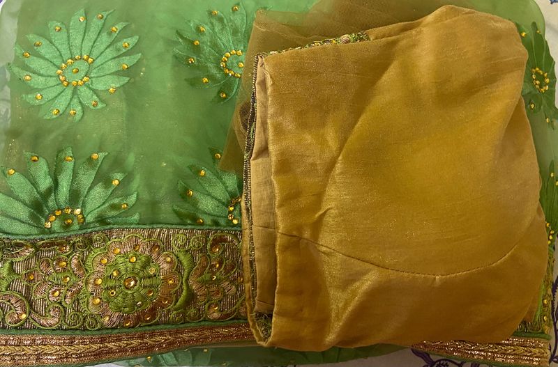 Green And Beige Zari/ Stone Pattern Saree