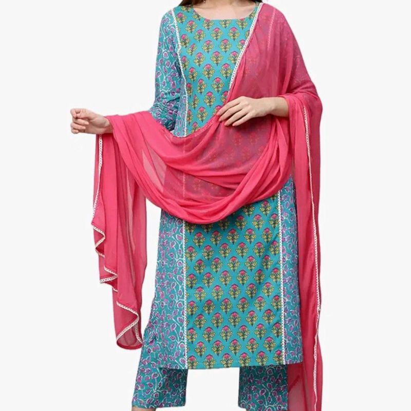 Blue And Pink Floral Kurta Set With Pant