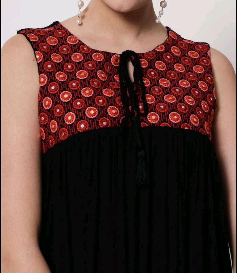 Black and Red Embroidered Women A line Kurta