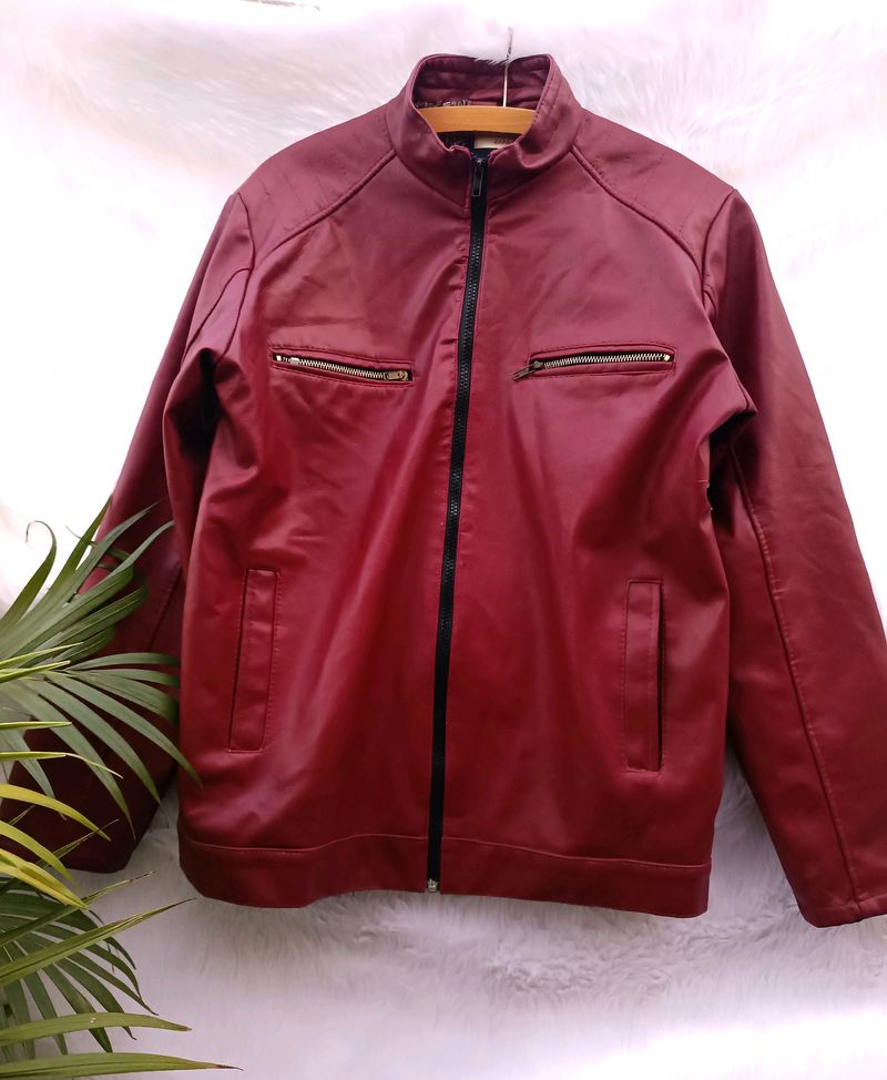 Mehroon leather fleece jacket