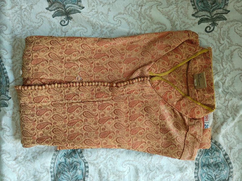 Manyavar Mustard Kurta With Red Colour Design